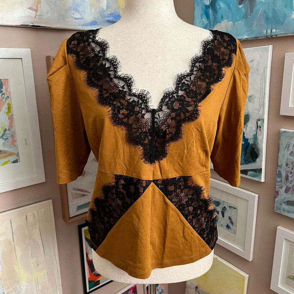 Anthropologie Mustard Lace Peplum Top Black Lace Trim Romantic Blouse Size L